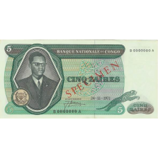 P14S Congo (Democratic Republic) -5 Zaires Year 1971 (SPECIMEN)